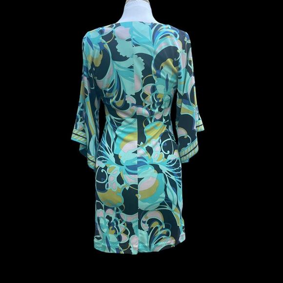 TRINA TURK Silk Blue/Green Printed Sheath V-Neck Tunic Dress -Size 2 - Picture 13 of 15